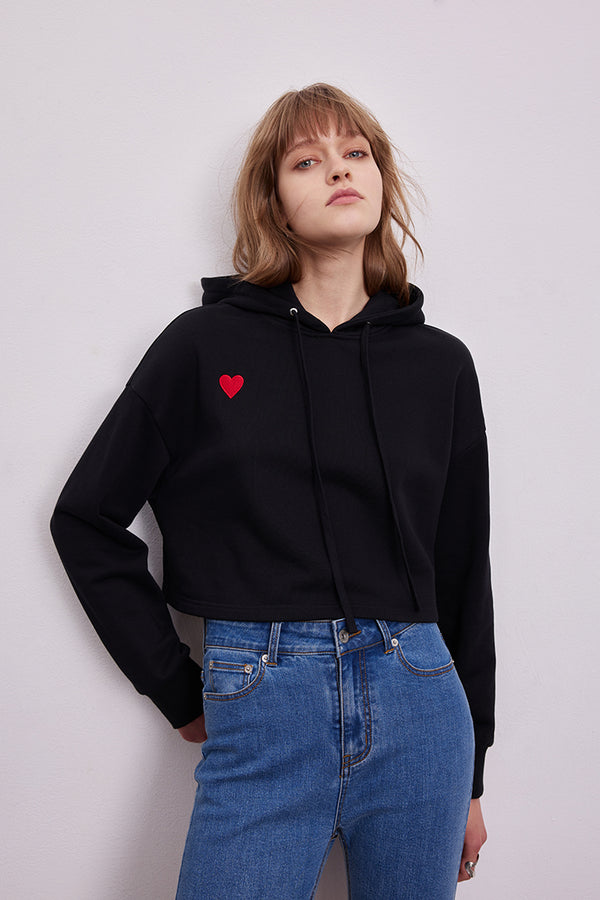 MADEINAM. Black heart cropped hoodies. Black hoodie with red heart. Cropped black hoodie with red heart embroidery.