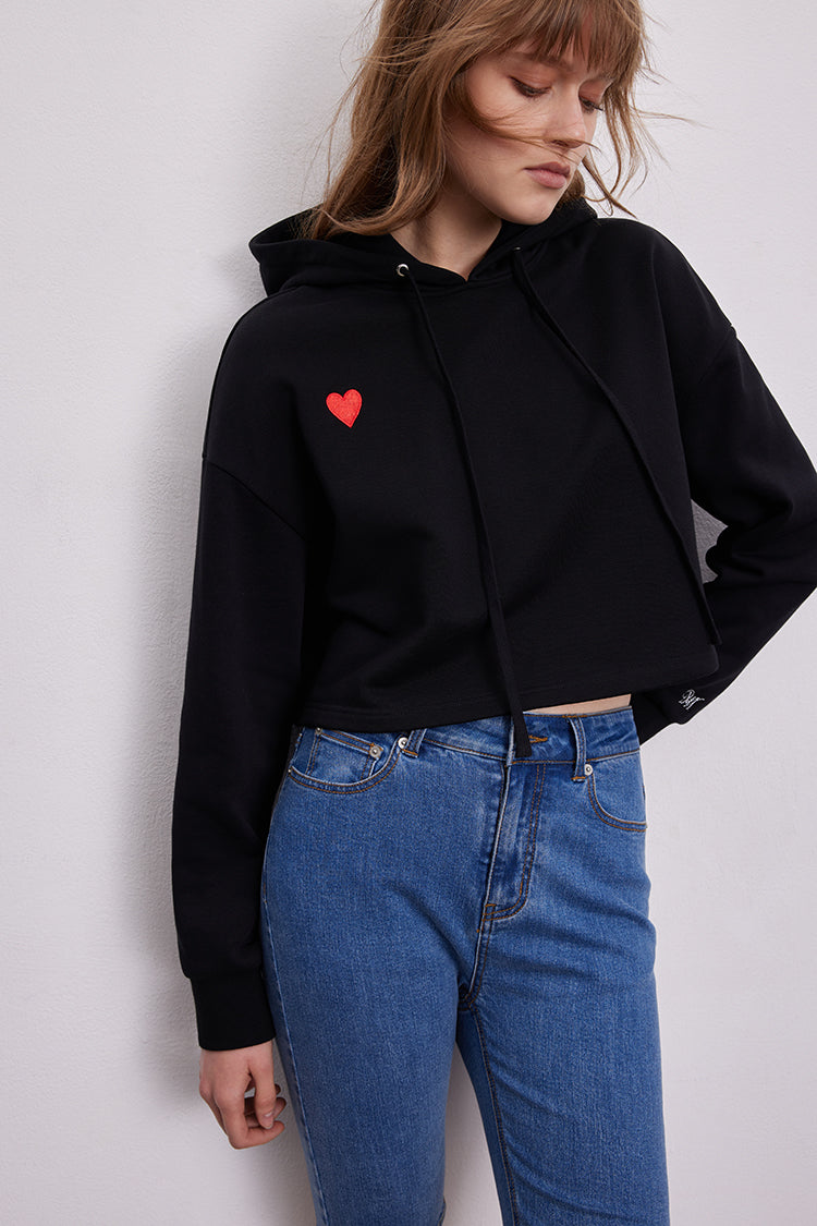 MADEINAM. Black heart cropped hoodies. Black hoodie with red heart. Cropped black hoodie with red heart embroidery.