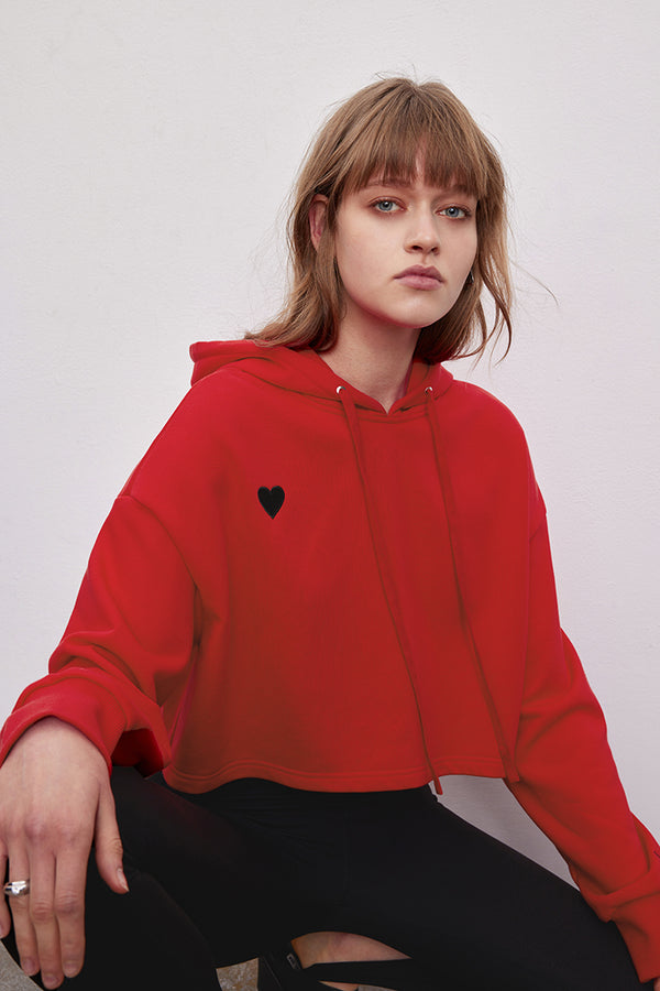 MADEINAM. Red heart cropped hoodies. Red hoodie with black heart. Cropped red hoodie with black heart embroidery.
