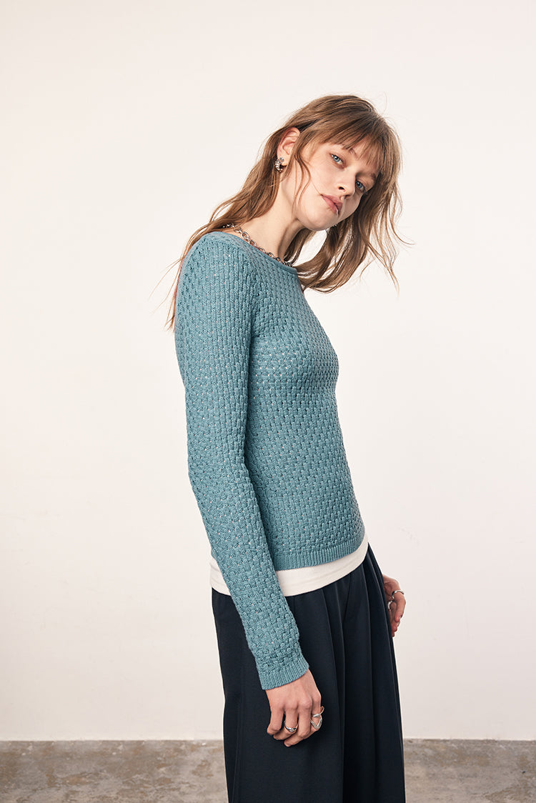 MADEINAM Knit sweater. Bottega Veneta inspired. sky blue. special cross stitch design. Special Bottega Venetta inspired knitting Slim fit silhouette. Wear over white shirt. Under Chanel Jacket. Available in size XS, S, M, L