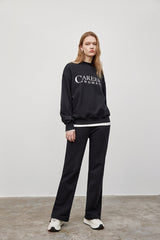 MADEINAM. Career Women front slogan sweat pants. Rib knit collar. Side Pockets. Straight leg cut. Down string tie. Hailey Bieber Style. Athflow.  Available in size XS, S, M, L.