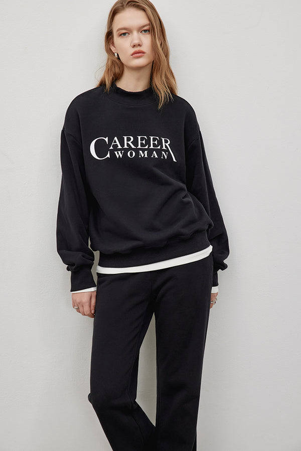 MADEINAM. Career Women front slogan sweat shirt. Track suit. Top and Bottom. Rib knit collar. Side Pockets. Straight leg cut. Down string tie. Hailey Bieber Style. Athflow.  Available in size XS, S, M, L.