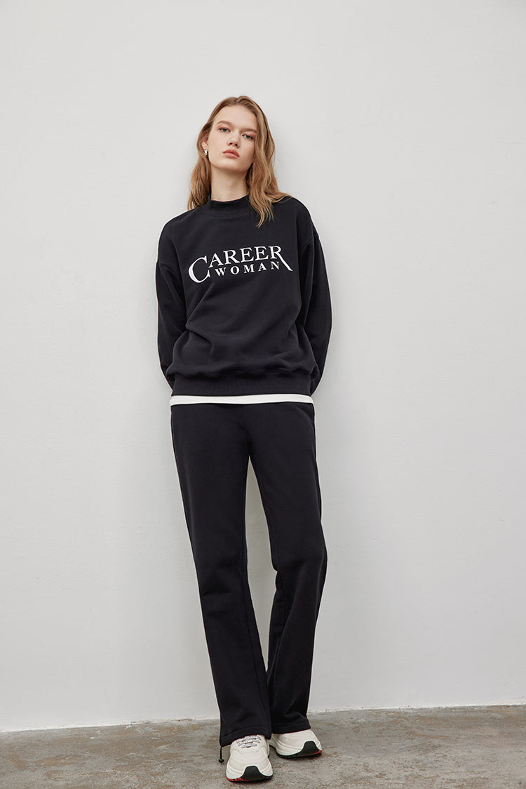 MADEINAM. Career Women front slogan sweat shirt. Track suit. Top and Bottom. Rib knit collar. Side Pockets. Straight leg cut. Down string tie. Hailey Bieber Style. Athflow.  Available in size XS, S, M, L.